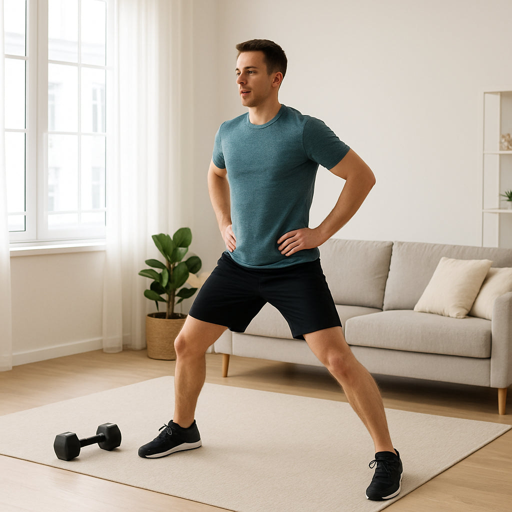 A bright, spacious living room with a person performing hip swings during a warm‑up for a 20‑minute dumbbell workout, showcasing clear movement and good posture. Alt: Warm‑up and mobility for 20 minute dumbbell workout for beginners.