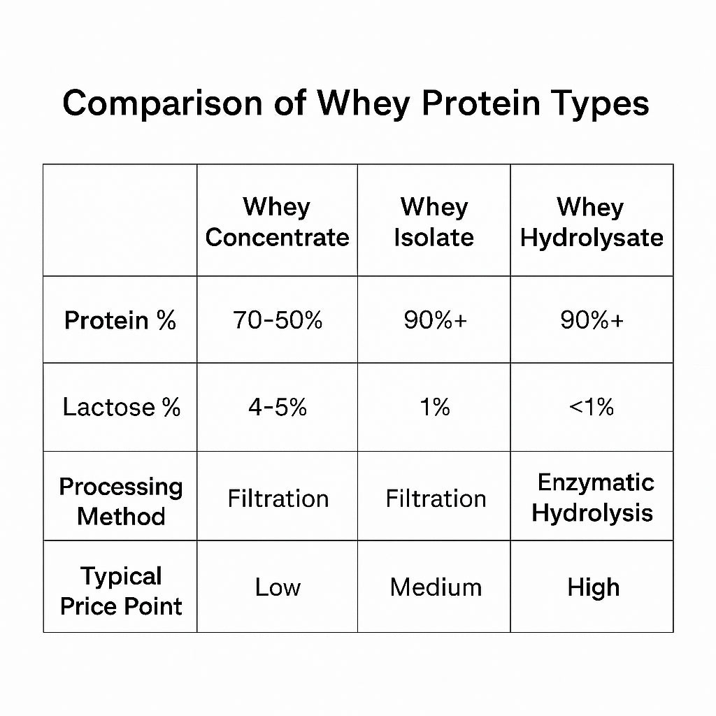 A clean, minimalistic chart comparing whey concentrate, isolate, and hydrolysate with columns for protein %, lactose %, processing method, and typical price point. Alt: Comparison of whey protein types for digestion and performance.