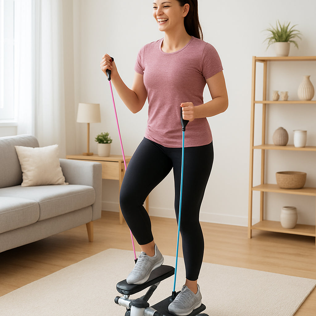 A bright, modern living room with a compact mini stepper, colorful resistance bands looped around the handles, and a person mid‑step, smiling as they workout. Alt: Mini stepper with resistance bands cardio‑strength workout in a small apartment.