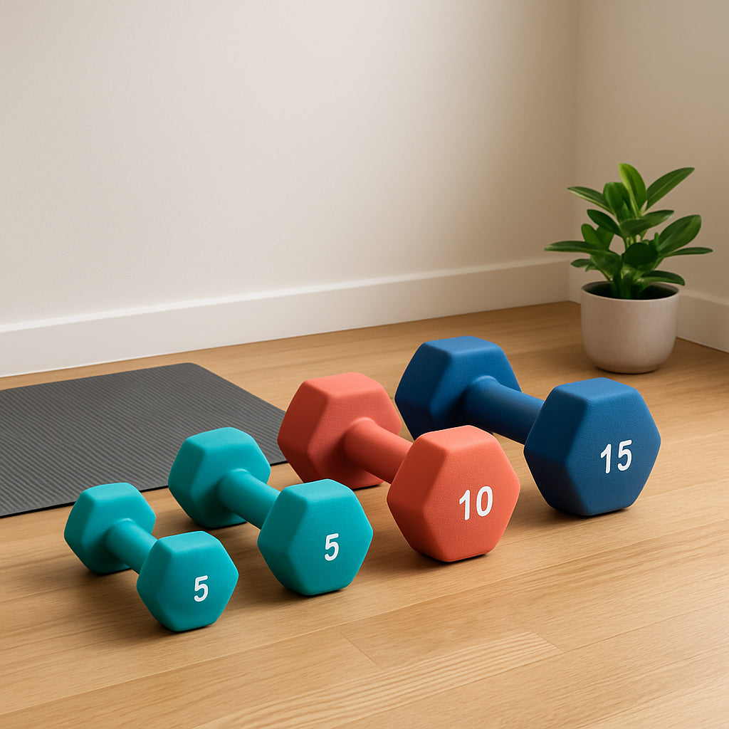 A bright home gym corner featuring a neoprene dumbbell set of 5, 10, and 15 lb on a wooden floor, with a yoga mat and a small plant. Alt: neoprene dumbbell set 5 10 15 home gym setup