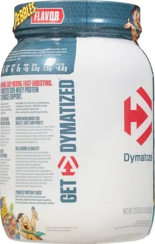 Dymatize protein powder container with visible branding and text