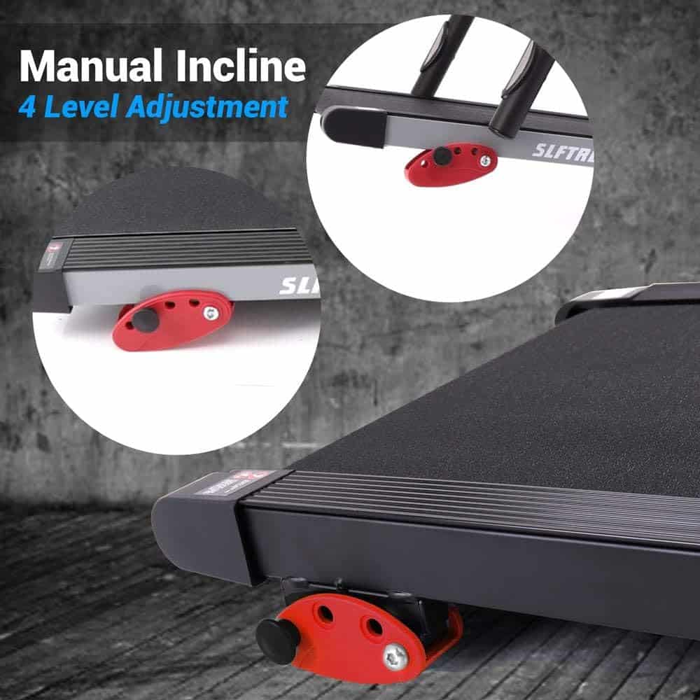 Manual incline treadmill with 4 level adjustment feature on a gray background