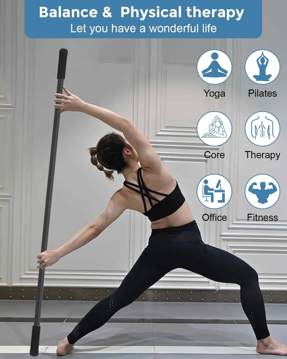 Woman practicing yoga with a balance pole in a studio setting, with icons and text about physical therapy benefits.