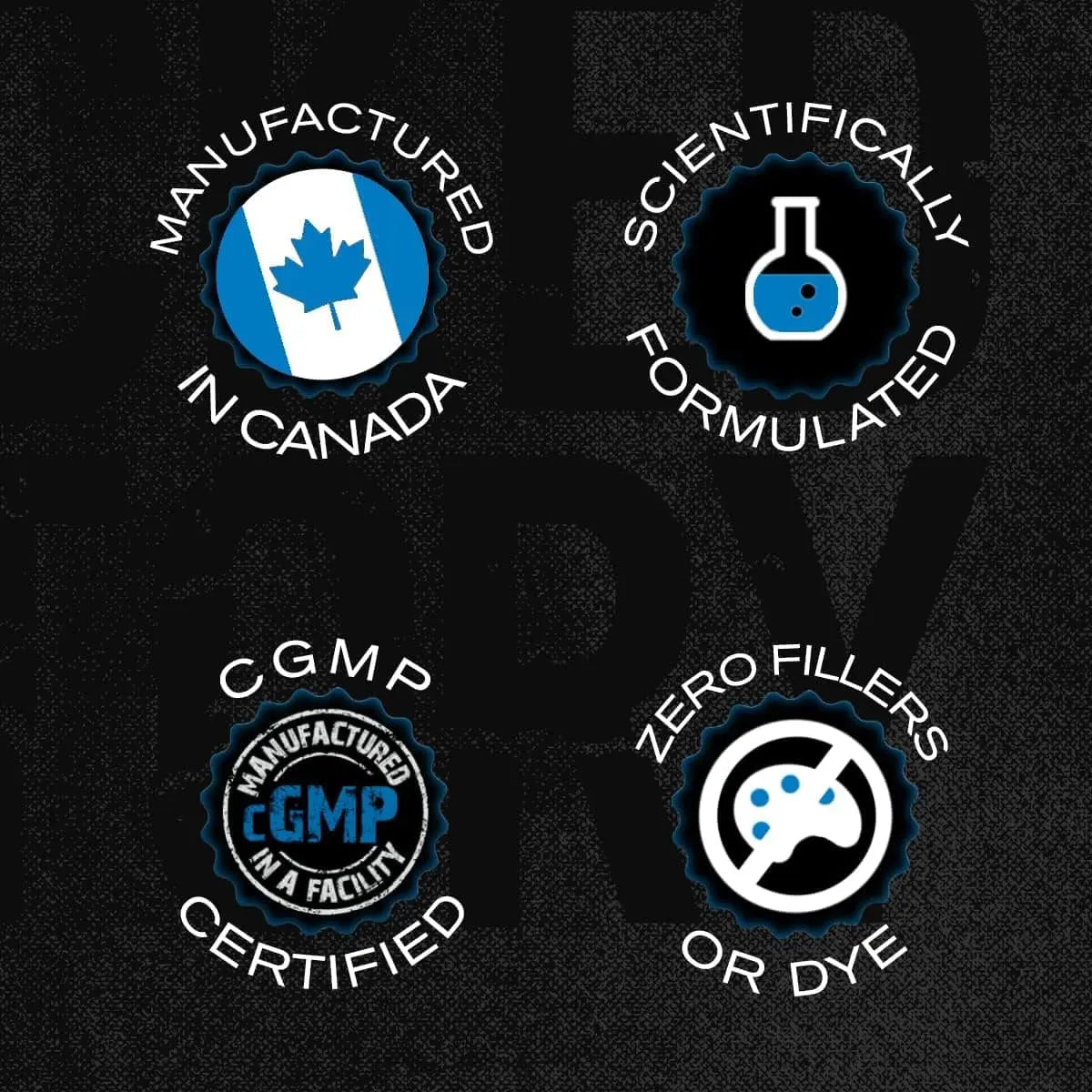 Set of product certification logos on a black background
