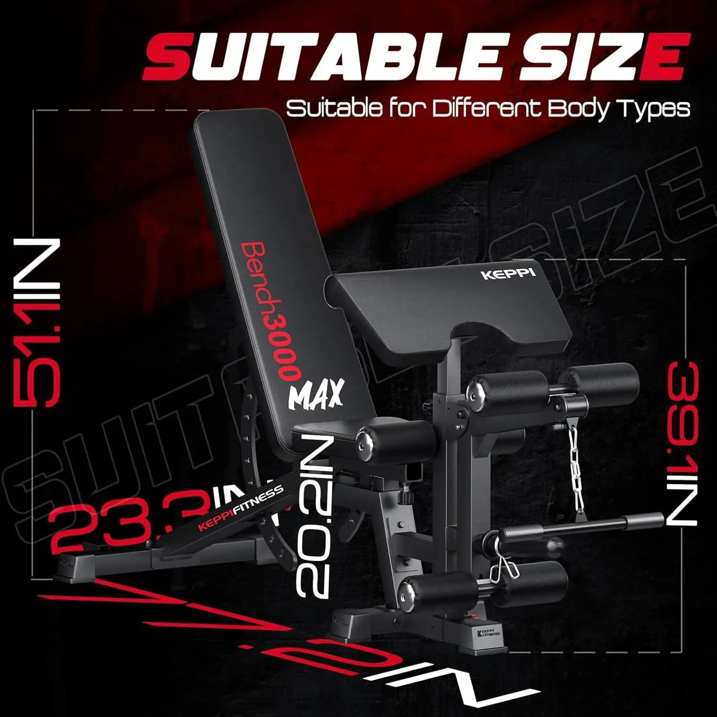 Black weight bench with dimensions and branding on a dark background