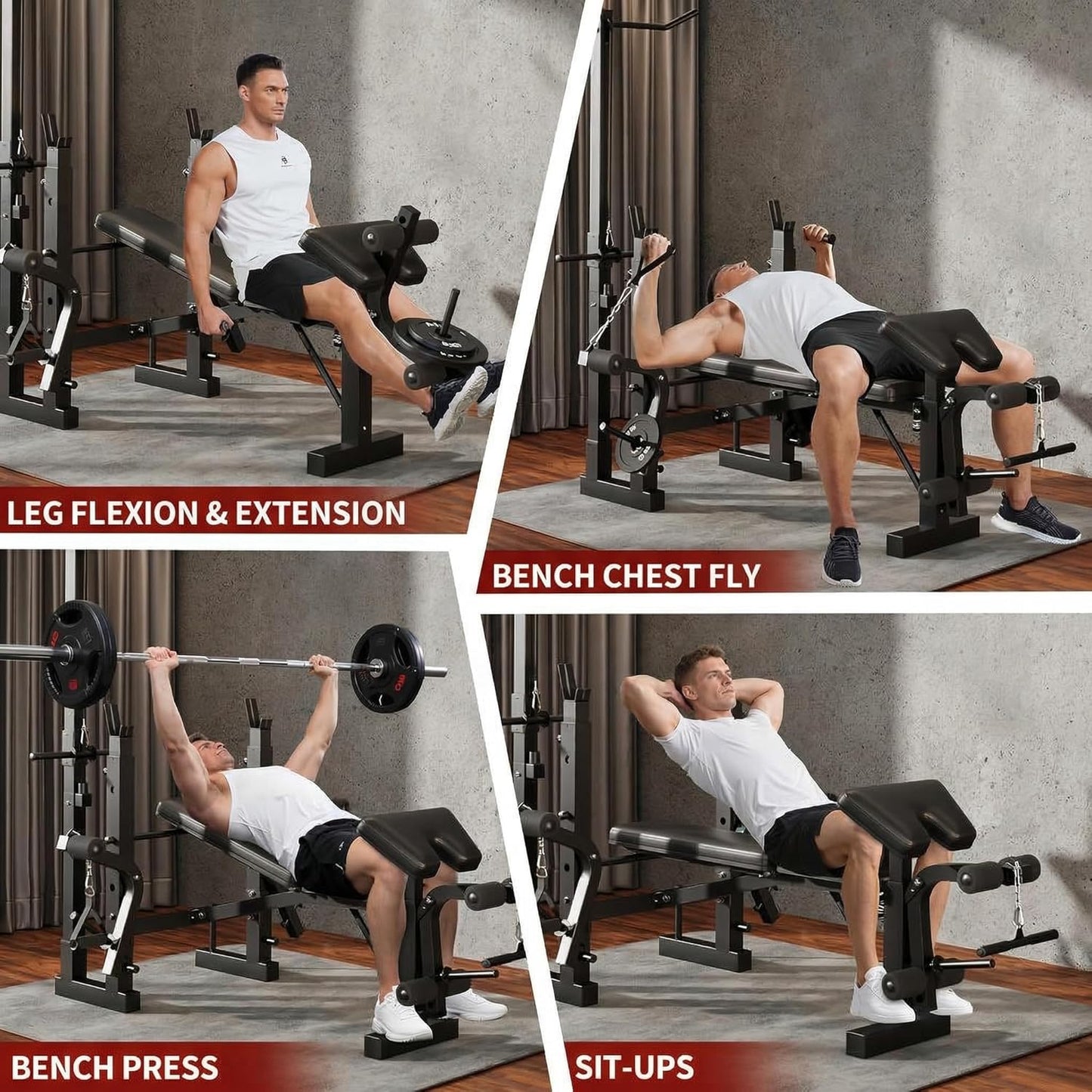 Man performing various exercises on a weight bench in a home gym setting.