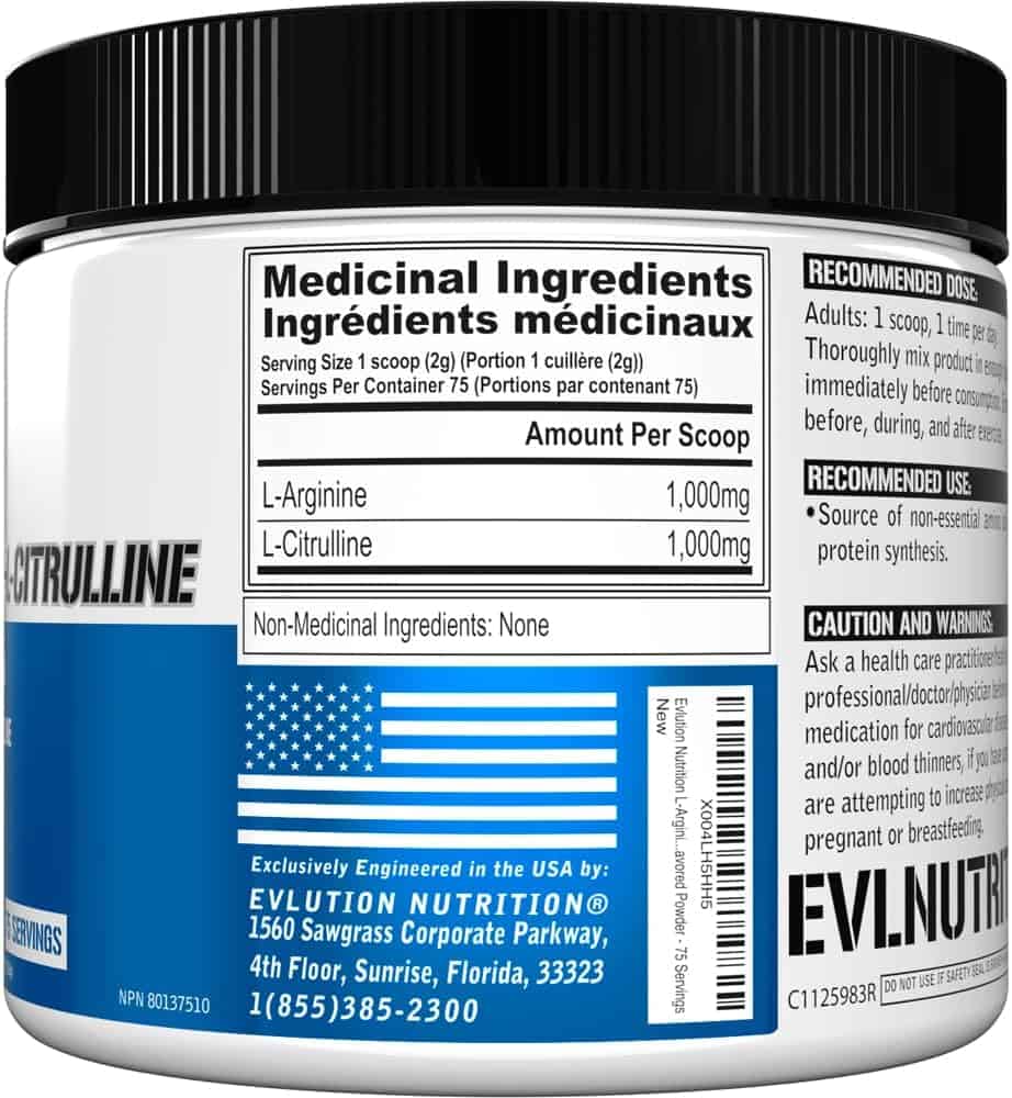 EVL Nutrition Citrulline supplement container with label showing medicinal ingredients and Evlution Nutrition branding.