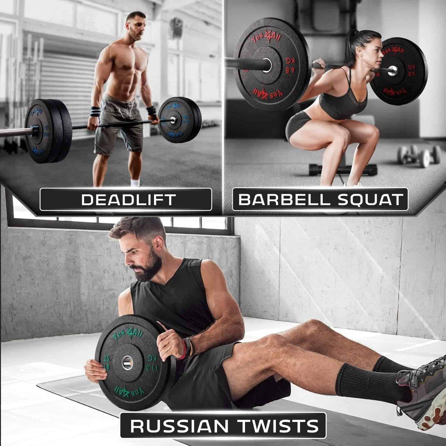 Three fitness exercises shown with labels: Deadlift, Barbell Squat, and Russian Twists.