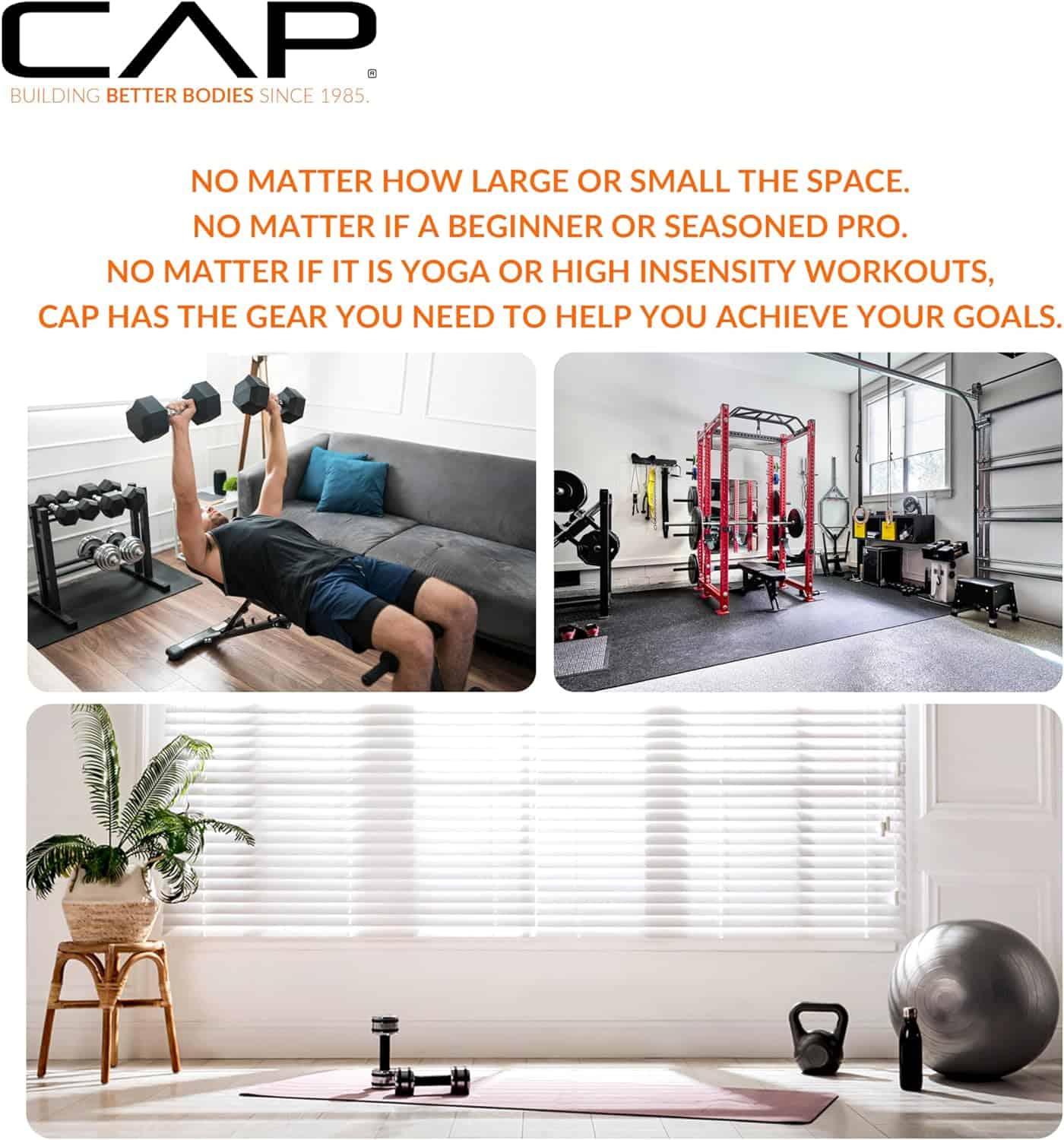 Advertisement for CAP fitness equipment with text and images of a home gym setup.