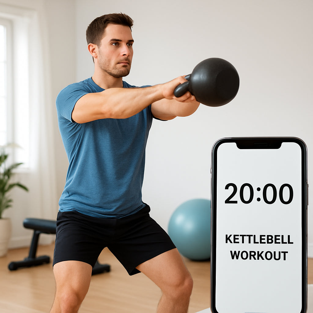 A fit person performing the kettlebell swing in a bright home gym, with a timer on a phone screen. Alt: 20 minute kettlebell workout for beginners sample routine demonstration.