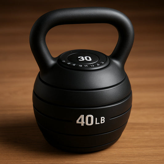 A sleek, modern adjustable kettlebell 40 lb sitting on a wooden floor with its dial turned to 30 lb, soft lighting highlighting the ergonomic handle. Alt: Adjustable kettlebell 40 lb with dial adjustment