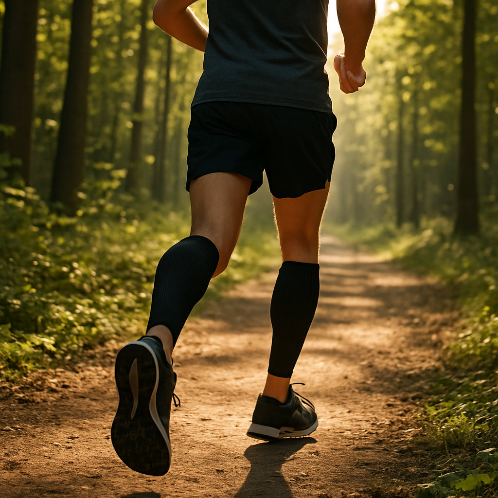 A runner on a forest trail wearing calf compression sleeves, the fabric hugging the lower leg, sunlight filtering through trees. Alt: compression sleeves for calves running improve performance and recovery.