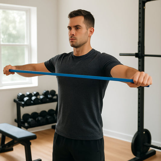 A fit individual standing in a bright home gym, performing a band pull‑apart with proper scapular retraction. Alt: resistance band pull apart shoulder rehab exercise