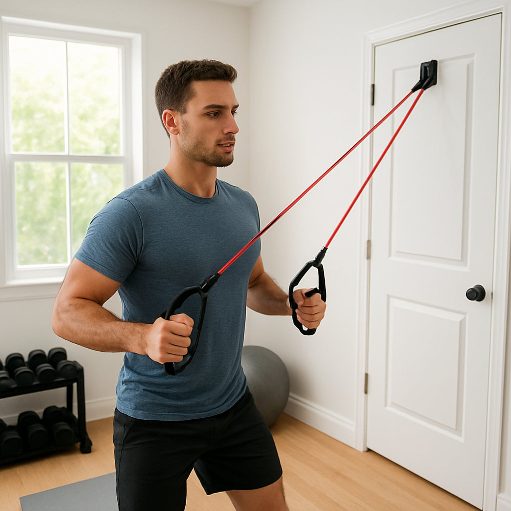 A fit individual standing in a bright home gym, holding resistance bands with ergonomic handles attached to a sturdy door anchor, performing a row. Alt: resistance bands with handles and door anchor for home workouts