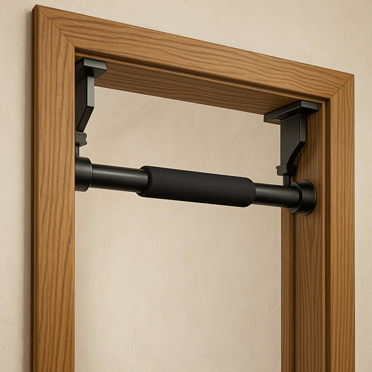 A realistic illustration of a sturdy wooden doorframe with a screw‑free pull‑up bar being installed, showing the tension brackets pressing against the top and side rails. Alt: doorframe compatibility assessment for doorway pull up bar without screws