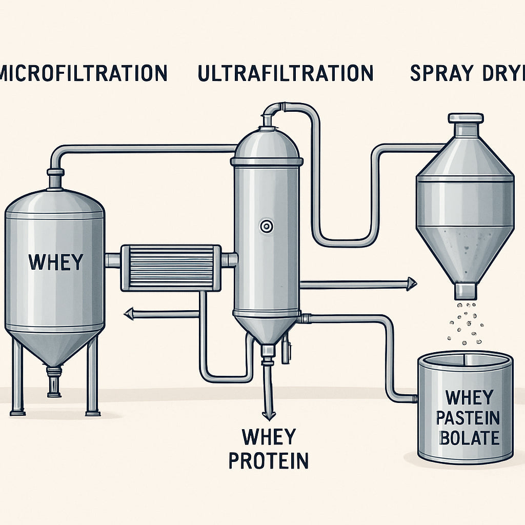 A high‑resolution illustration of a dairy processing plant showing microfiltration, ultrafiltration, and spray drying of whey protein isolate. Alt: whey isolate production process diagram