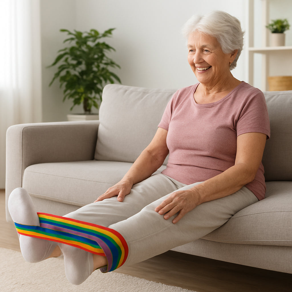 A senior sitting in a bright living room, legs extended, a colorful resistance band looped around their ankles, smiling as they perform a gentle stretch. Alt: senior resistance band mobility assessment