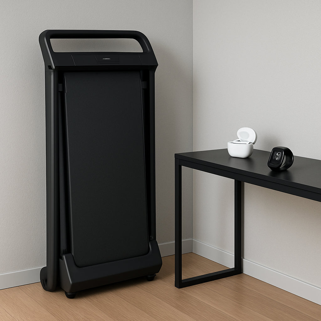 A modern home gym corner with a fold‑up treadmill, wireless earbuds, and a smartwatch on a sleek console. Alt: Black Friday portable fitness electronics discounts guide