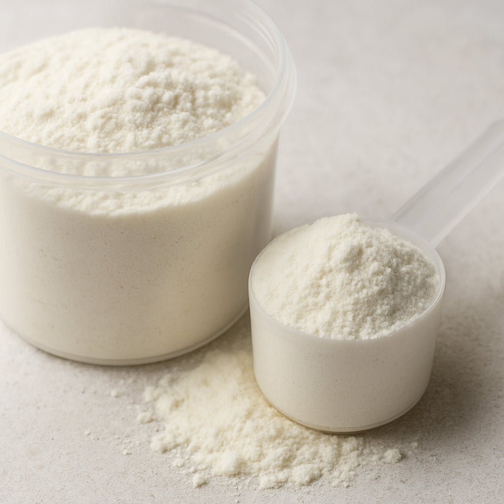 Close‑up of a white, fine‑grain whey protein isolate powder in a clear shaker cup, with a scoop beside it. Alt: gluten free whey protein isolate powder close up
