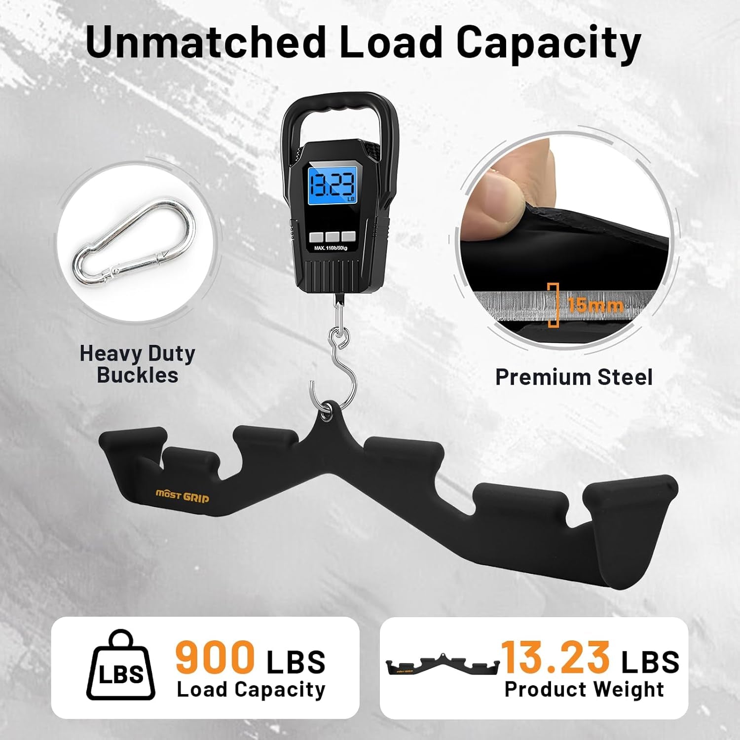 Digital fishing weight scale with features highlighted on a gray background