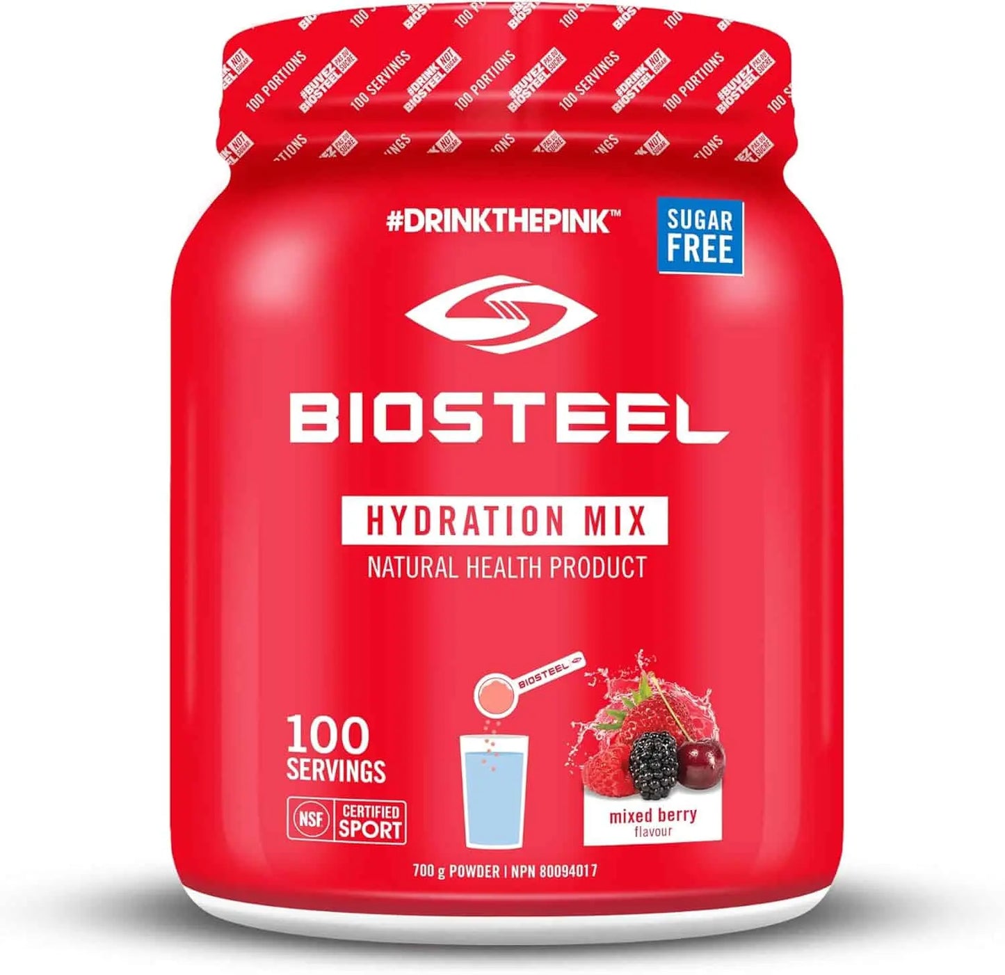 Red container of Biosteel Hydration Mix on a white background