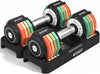 Pair of adjustable dumbbells with colorful weight plates on a white background
