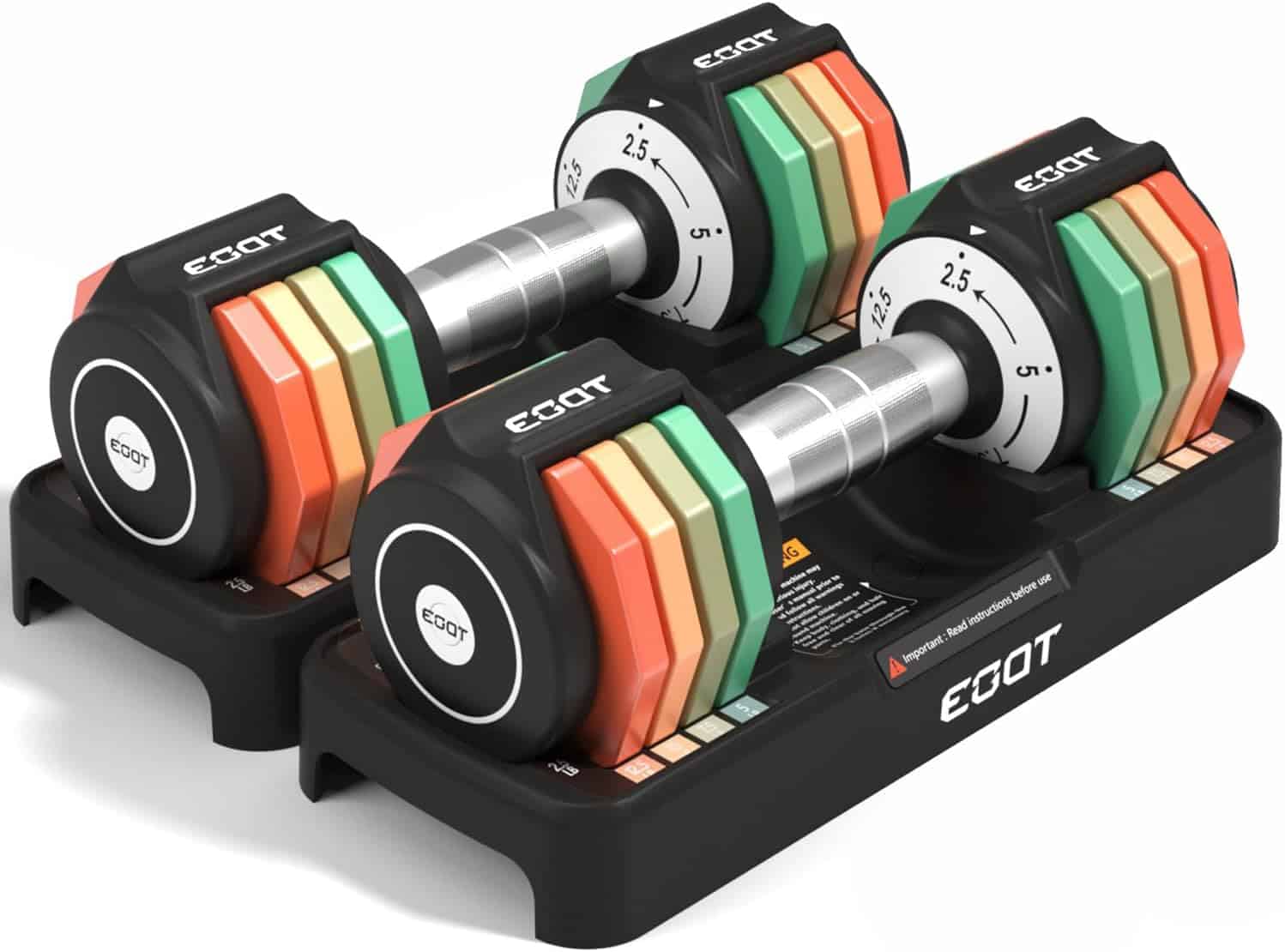 Pair of adjustable dumbbells with colorful weight plates on a white background