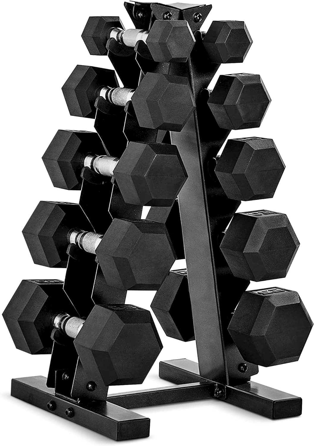 Set of black hexagonal dumbbells on a metal stand against a white background