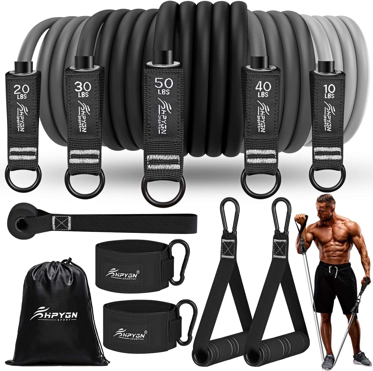 Set of resistance bands with various weights and accessories, featuring a person exercising.