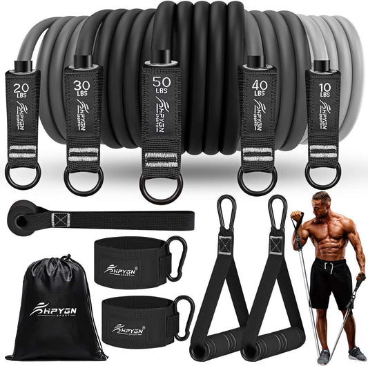 Set of resistance bands with various weights and accessories, featuring a person exercising.