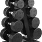Set of CAP dumbbells on a black metal rack with a white background