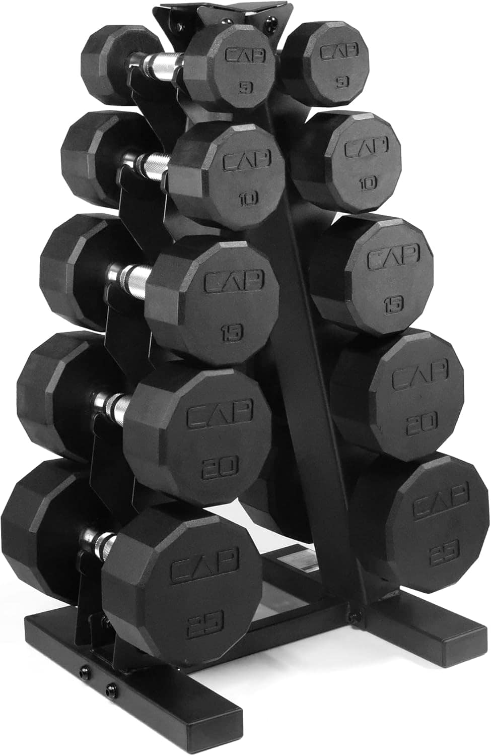 Set of CAP dumbbells on a black metal rack with a white background
