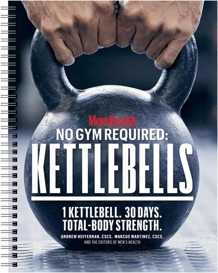 Book cover of 'No Gym Required: Kettlebells' by Men's Health with a kettlebell on a dark background.