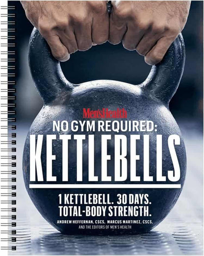 Book cover of 'No Gym Required: Kettlebells' by Men's Health with a kettlebell on a dark background.
