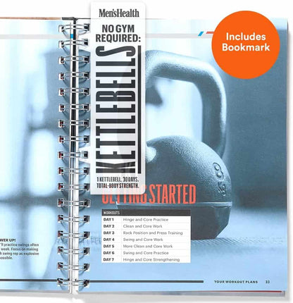 Open book with kettlebell exercise plan on a white background
