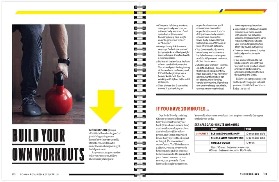Fitness magazine layout with person holding a red kettlebell and text on workout planning.