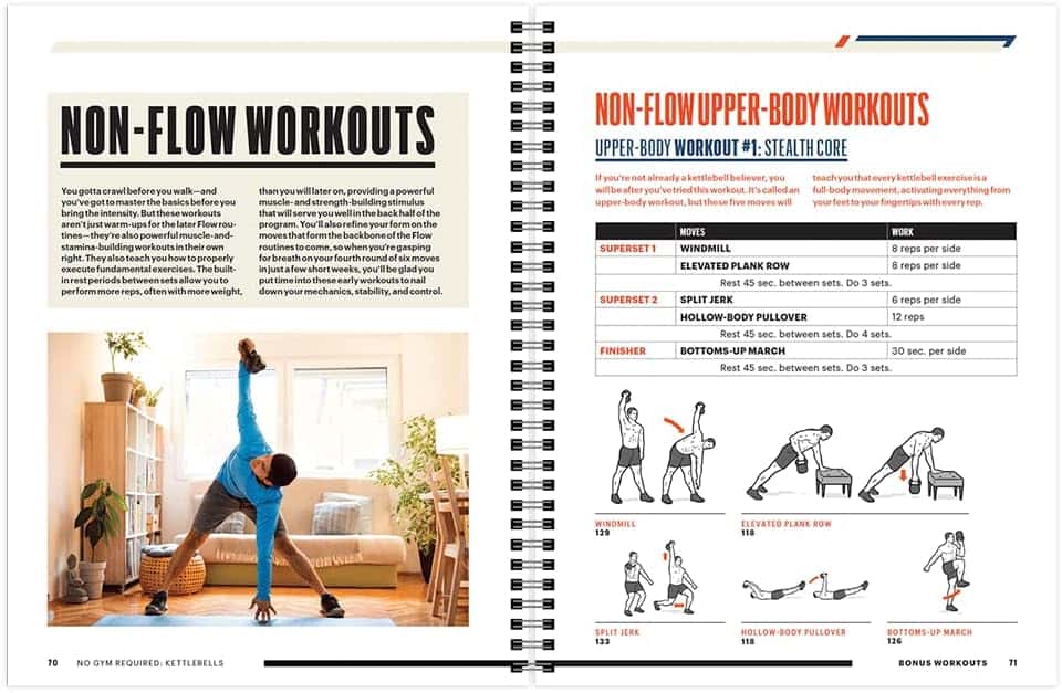 Open book showing a workout routine with illustrations and text on non-flow workouts.
