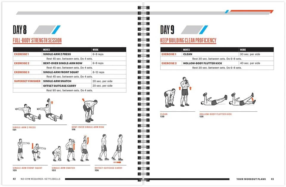 Fitness planner with workout sessions for Day 8 and Day 9 on a white background