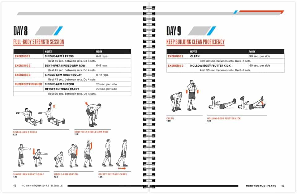 Fitness workout plan book showing Day 8 and Day 9 exercise routines.