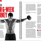 Magazine layout with a man lifting weights and text about a 6-week journey.