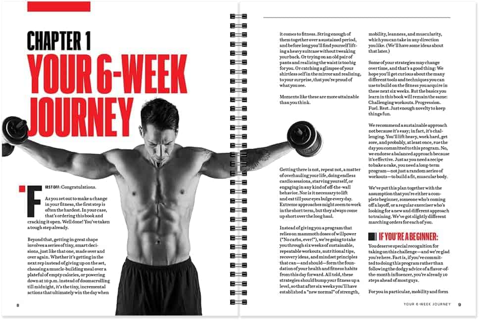 Magazine layout with a man lifting weights and text about a 6-week journey.