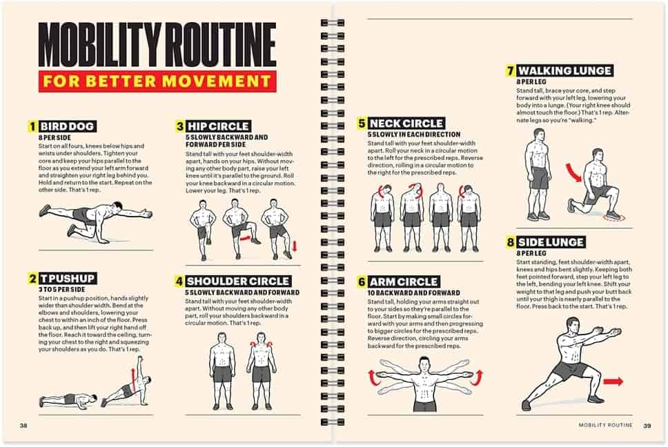 Sheet from a book or magazine showing a mobility routine with illustrations and text.