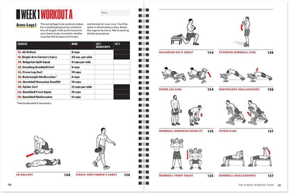 Workout plan book with exercise illustrations and text on a white background
