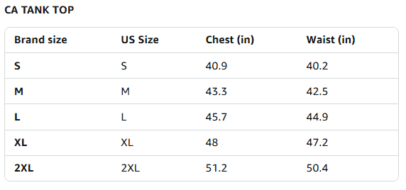 Size chart for CA Tank Top with brand size, US size, chest, and waist measurements.