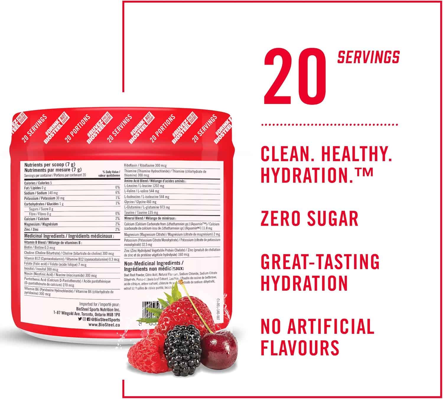 Red and white container with nutritional information and health benefits text on a white background