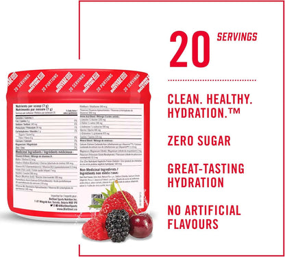 Red and white container with nutritional information and health benefits text on a white background
