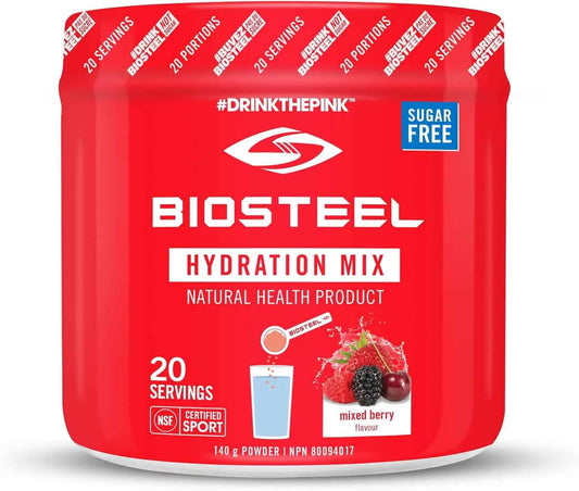 RedBiosteel hydration mix packaging with branding and product details on a white background