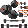 Set of adjustable dumbbells, kettlebells, and resistance bands on a white background