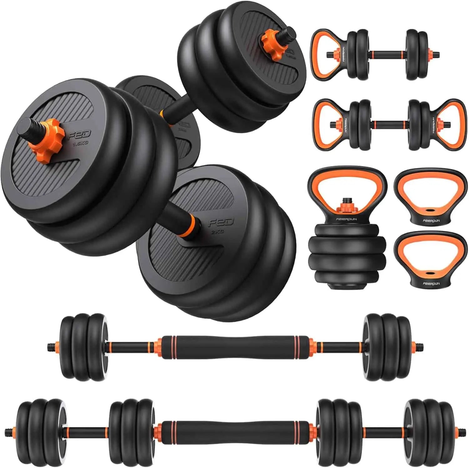Set of adjustable dumbbells, kettlebells, and resistance bands on a white background
