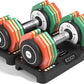 Colorful dumbbells with weight markings on a white background